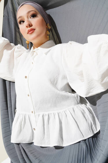 Fırfırlı İp Kuşaklı Kısa Gömlek Beyaz - Gömlek