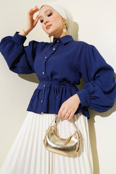 Fırfırlı İp Kuşaklı Kısa Gömlek Lacivert - Gömlek