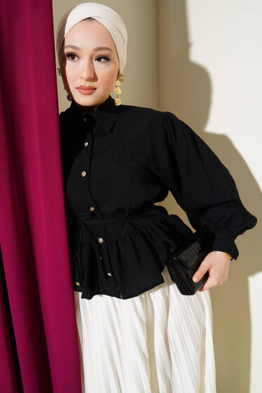 Fırfırlı İp Kuşaklı Kısa Gömlek Siyah - Gömlek