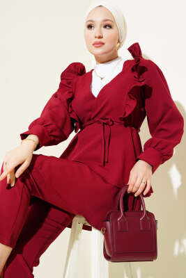 Fırfırlı İp Kuşaklı Tunik İkili Takım Bordo - 700-1000 TL Ürünler