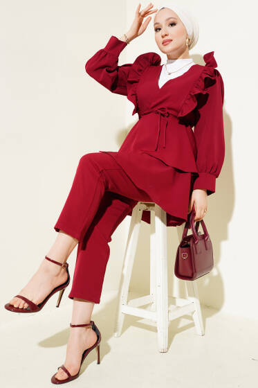 Fırfırlı İp Kuşaklı Tunik İkili Takım Bordo - İkili Takım
