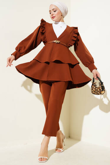 Fırfırlı İp Kuşaklı Tunik İkili Takım Kahve - İkili Takım