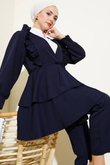 Fırfırlı İp Kuşaklı Tunik İkili Takım Lacivert - İkili Takım