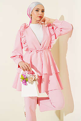 Fırfırlı İp Kuşaklı Tunik İkili Takım Pembe - 700-1000 TL Ürünler
