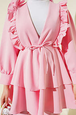 Fırfırlı İp Kuşaklı Tunik İkili Takım Pembe - 700-1000 TL Ürünler
