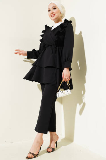Fırfırlı İp Kuşaklı Tunik İkili Takım Siyah - İkili Takım
