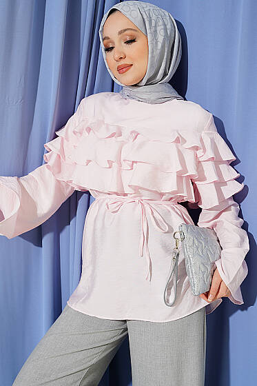 Fırfırlı İp Kuşaklı Tunik Pembe - Tunik