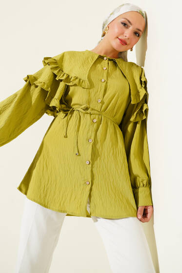 Fırfırlı Kat Kat Yakalı Gömlek Yağ Yeşili - Gömlek