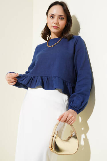 Fırfırlı Keten Bluz Lacivert - Bluz