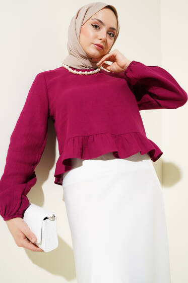 Fırfırlı Keten Bluz Vişne - Bluz