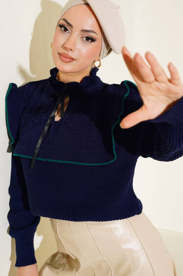 Fırfırlı Kurdele Bağlamalı Kazak Lacivert - Kazak