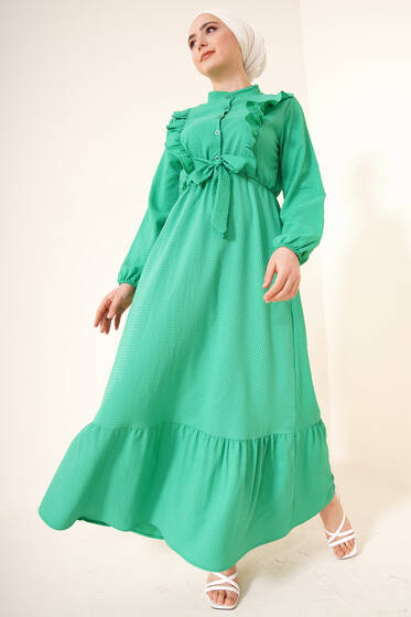 Fırfırlı Kuşak Bağlamalı Elbise Benetton - Tesettür Elbise