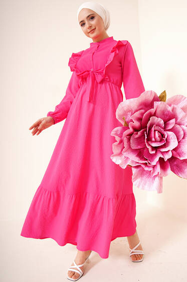 Fırfırlı Kuşak Bağlamalı Elbise Fuşya - Tesettür Elbise