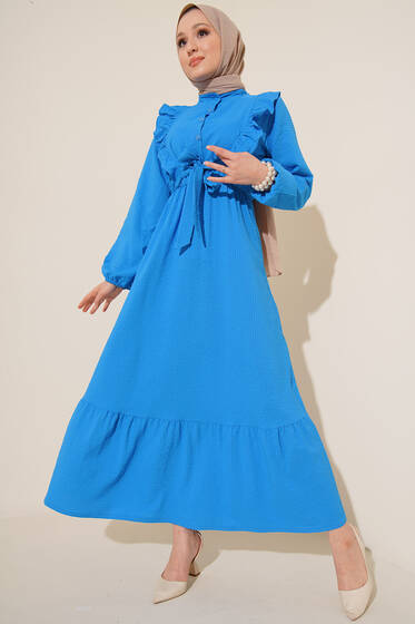 Fırfırlı Kuşak Bağlamalı Elbise Mavi - Tesettür Elbise