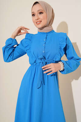 Fırfırlı Kuşak Bağlamalı Elbise Mavi - Tesettür Elbise