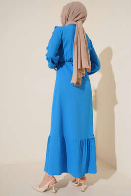 Fırfırlı Kuşak Bağlamalı Elbise Mavi - Tesettür Elbise