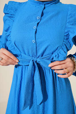 Fırfırlı Kuşak Bağlamalı Elbise Mavi - Tesettür Elbise