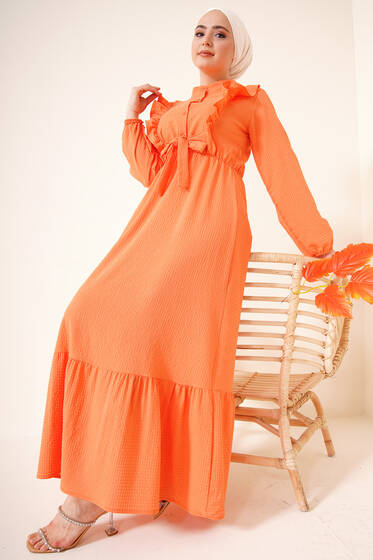Fırfırlı Kuşak Bağlamalı Elbise Oranj - Tesettür Elbise
