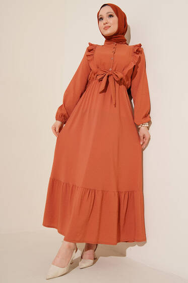 Fırfırlı Kuşak Bağlamalı Elbise Taba - Tesettür Elbise