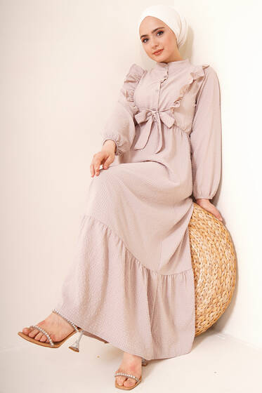 Fırfırlı Kuşak Bağlamalı Elbise Taş - Tesettür Elbise