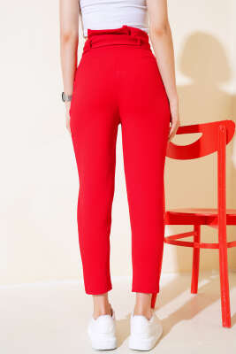 Fırfırlı Kuşaklı Dar Paça Pantolon Kırmızı - Kadın Giyim Modelleri