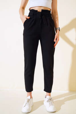 Fırfırlı Kuşaklı Dar Paça Pantolon Siyah - Kadın Giyim Modelleri