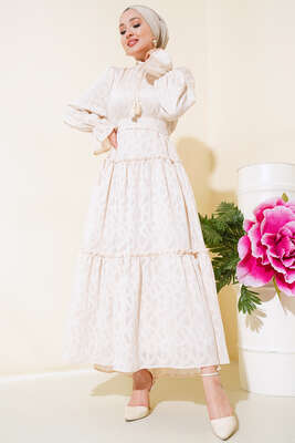 Fırfırlı Kuşaklı Elbise Bej 