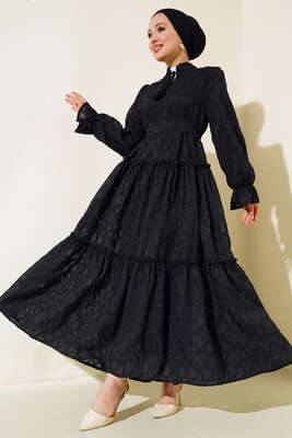 Fırfırlı Kuşaklı Elbise Siyah - MİSS İNDİGO