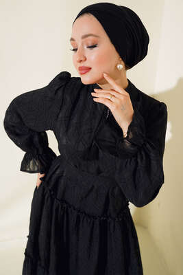 Fırfırlı Kuşaklı Elbise Siyah - Tesettür Elbise