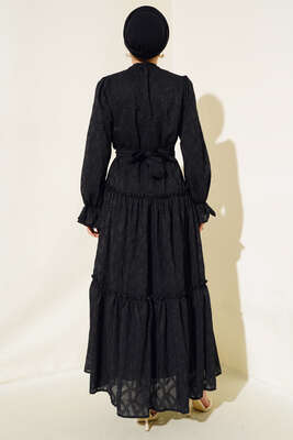 Fırfırlı Kuşaklı Elbise Siyah - Tesettür Elbise