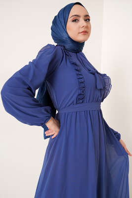 Fırfırlı Kuşaklı Şifon Elbise İndigo - Tesettür Elbise