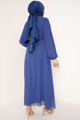 Fırfırlı Kuşaklı Şifon Elbise İndigo - Tesettür Elbise