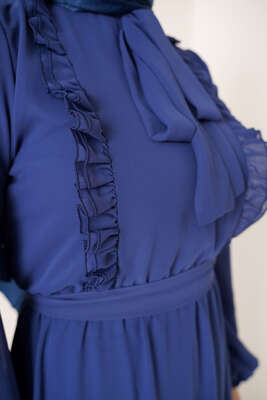 Fırfırlı Kuşaklı Şifon Elbise İndigo - Tesettür Elbise