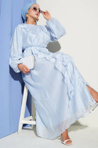 Fırfırlı Önden Düğmeli Elbise Bebe Mavi - Elbise