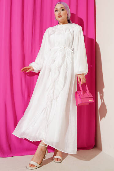 Fırfırlı Önden Düğmeli Elbise Beyaz - Elbise