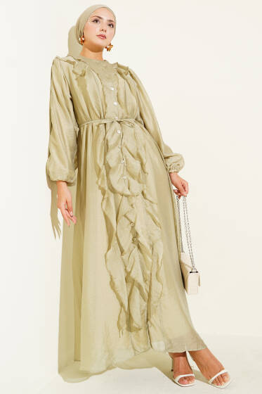 Fırfırlı Önden Düğmeli Elbise Çağla Yeşili - Elbise