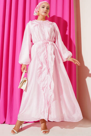 Fırfırlı Önden Düğmeli Elbise Pembe - Elbise