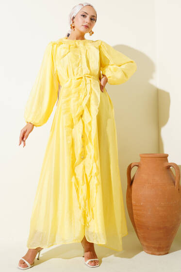 Fırfırlı Önden Düğmeli Elbise Sarı - Elbise
