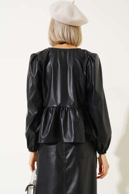 Fırfırlı Önü Bağcıklı Deri Bluz Siyah - Kadın Giyim Modelleri