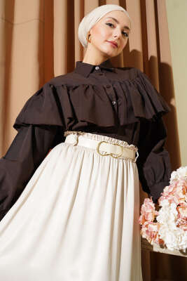 Fırfırlı Pelerin Detaylı Kısa Gömlek Acı Kahve - DUFON