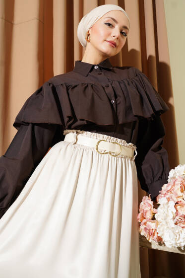 Fırfırlı Pelerin Detaylı Kısa Gömlek Acı Kahve - Gömlek