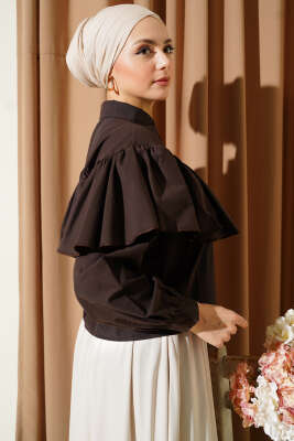 Fırfırlı Pelerin Detaylı Kısa Gömlek Acı Kahve - Gömlek