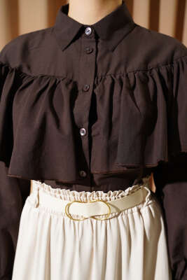 Fırfırlı Pelerin Detaylı Kısa Gömlek Acı Kahve - Gömlek