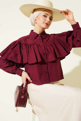 Fırfırlı Pelerin Detaylı Kısa Gömlek Bordo - DUFON