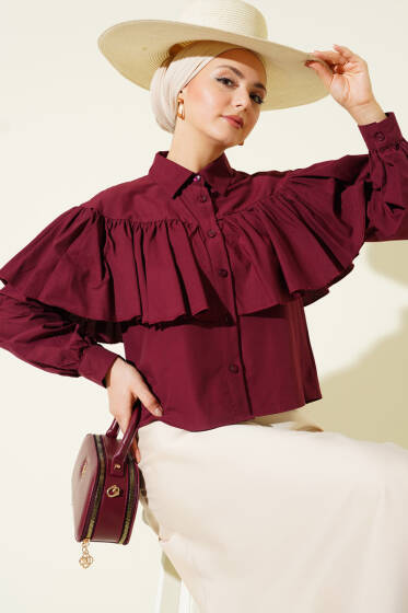 Fırfırlı Pelerin Detaylı Kısa Gömlek Bordo - Gömlek