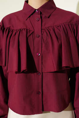 Fırfırlı Pelerin Detaylı Kısa Gömlek Bordo - Gömlek