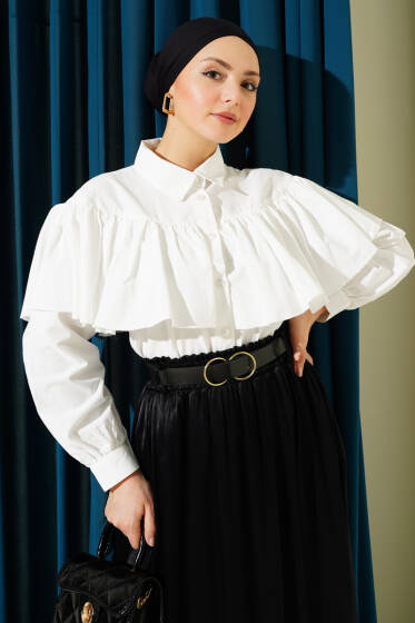 Fırfırlı Pelerin Detaylı Kısa Gömlek Ekru - Gömlek