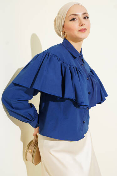 Fırfırlı Pelerin Detaylı Kısa Gömlek Lacivert - Gömlek