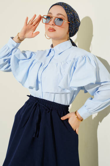 Fırfırlı Pelerin Detaylı Kısa Gömlek Mavi - Gömlek