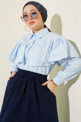 Fırfırlı Pelerin Detaylı Kısa Gömlek Mavi - Gömlek